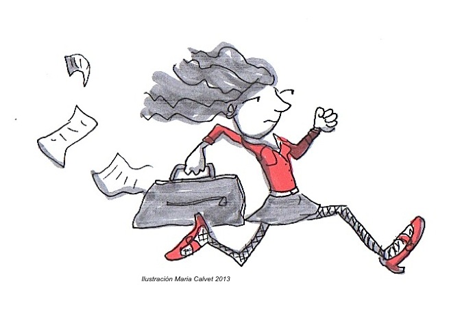 Vida sana. Dibujo de mujer estresada corriendo. Autora Maria Calvet